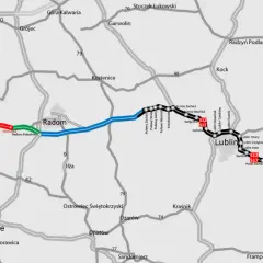 Mapa przedstawia przebieg drogi ekspresowej S12, z zaznaczonymi odcinkami istniejącymi, w realizacji, w przetargu i w przygotowaniu.