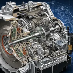 Przekrój skrzyni biegów z widocznymi trybami i elementami hydraulicznymi. To serce technologii powershift, zapewniające płynną zmianę przełożeń.