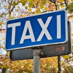 Niebieski znak TAXI z białymi literami na tle jesiennych drzew.