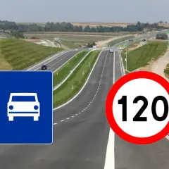 Droga ekspresowa z ograniczeniem prędkości do 120 km/h. Znak informuje o dopuszczalnej prędkości dla samochodów.