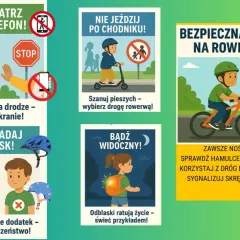 Bezpieczna jazda na rowerze: nie patrz w telefon, zakładaj kask, bądź widoczny. Szanuj pieszych, wybierz drogę rowerową.