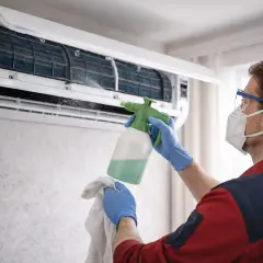 Profesjonalne odgrzybianie klimatyzacji cena jest przystępna. Technik w masce i rękawiczkach dezynfekuje urządzenie.