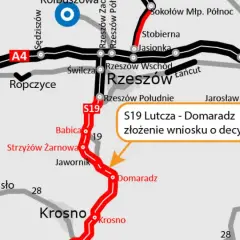 Mapa drogowa z zaznaczoną drogą ekspresową S19, pokazującą postęp prac na odcinku Lutcza - Domaradz.