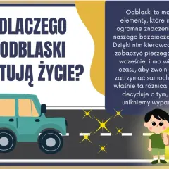 Odblaski ratują życie! Dziecko z plecakiem stoi przy drodze, a samochód widzi je dzięki odblaskom.