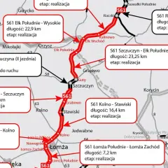 Mapa drogowa Via Baltica z zaznaczonymi odcinkami S61, ich długością i statusem realizacji.
