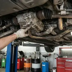 Mechanik wskazuje na skrzynię biegów w samochodzie z napędem **rwd**. Podniesiony pojazd w warsztacie.