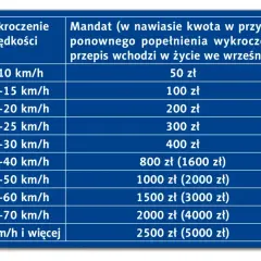 Tabela pokazuje wysokość mandatu za przekroczenie prędkości. Im wyższa prędkość, tym wyższy mandat.