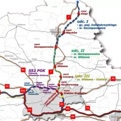 Mapa przedstawia przebieg drogi ekspresowej S7 i S52, z zaznaczonymi odcinkami, węzłami i miastami w okolicach Krakowa.