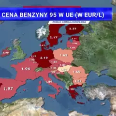 Mapa Europy z zaznaczonymi cenami benzyny 95 w EUR/L. Najwyższe ceny w krajach skandynawskich, najniższe w Europie Wschodniej.