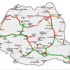 Mapa drogowa Rumunii z zaznaczonymi miastami i trasami. Winieta Rumunia jako przewodnik po podróży.