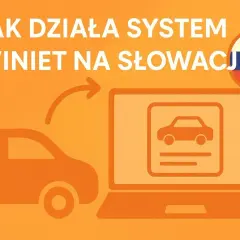Grafika przedstawia proces zakupu winiety Słowacja online. Samochód symbolizuje podróż, a laptop system e-winiet.