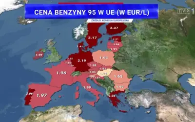 Mapa Europy z zaznaczonymi cenami benzyny 95 w EUR/L. Najwyższe ceny w krajach skandynawskich, najniższe w Europie Wschodniej.