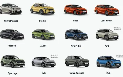 Różnorodne segmenty samochodów: od miejskich Picanto i Stonic, przez rodzinne Ceed, XCeed, Proceed, po SUV-y Sportage, Sorento i elektryczne EV3, EV6, EV9.