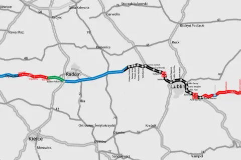 Mapa przedstawia przebieg drogi ekspresowej S12, z zaznaczonymi odcinkami istniejącymi, w realizacji, w przetargu i w przygotowaniu.