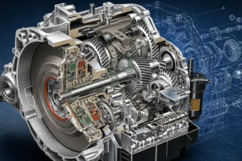 Przekrój skrzyni biegów z widocznymi trybami i elementami hydraulicznymi. To serce technologii powershift, zapewniające płynną zmianę przełożeń.