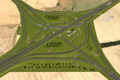 Węzeł Szczecin Zachód na autostradzie A6, z wielopoziomowymi skrzyżowaniami i rondem.