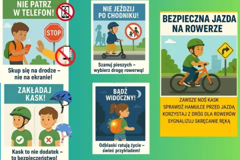 Bezpieczna jazda na rowerze: nie patrz w telefon, zakładaj kask, bądź widoczny. Szanuj pieszych, wybierz drogę rowerową.