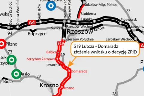 Mapa drogowa z zaznaczoną drogą ekspresową S19, pokazującą postęp prac na odcinku Lutcza - Domaradz.