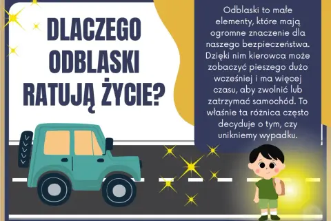 Odblaski ratują życie! Dziecko z plecakiem stoi przy drodze, a samochód widzi je dzięki odblaskom.