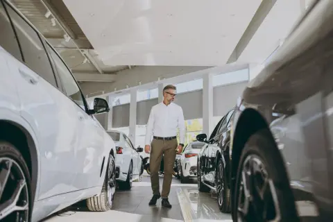 Elegancki mężczyzna w salonie samochodowym ogląda nowe, lśniące auta. Wśród nich widać kilka modeli małych samochodów, idealnych do miasta.