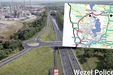 Węzeł Police na zachodniej obwodnicy Szczecina, z widokiem na tunel pod Odrą i przemysłową zabudowę.