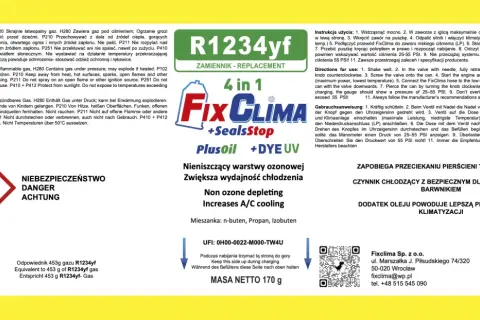 Czynnik klimatyzacji R1234yf Fix Clima 4w1, zapobiega przeciekom, zwiększa wydajność.