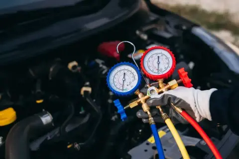Serwis klimatyzacji samochodowej cennik: mechanik z manometrami sprawdza układ chłodzenia auta.
