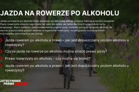 Dwie osoby jadące rowerami po ścieżce, z tekstem ostrzegającym przed jazdą rowerem po alkoholu.