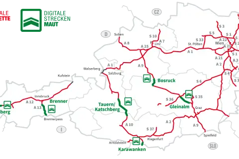 Mapa Austrii z zaznaczonymi drogami, gdzie e-winieta Austria cena jest kluczowa dla podróżujących.