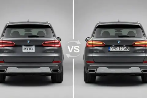 Porównanie tyłu BMW X5 z USA i Europy. Z lewej strony tablica "BMW USA", z prawej polskie tablice rejestracyjne.