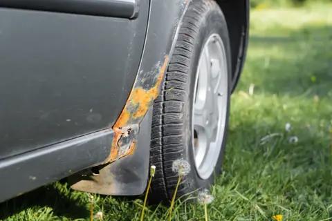Rdza na progu samochodu, obok opony i kół, na tle zielonej trawy.
