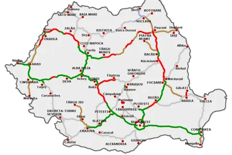 Mapa drogowa Rumunii z zaznaczonymi miastami i trasami. Winieta Rumunia jako przewodnik po podróży.