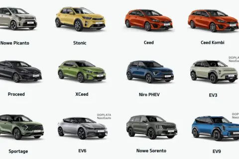 Różnorodne segmenty samochodów: od miejskich Picanto i Stonic, przez rodzinne Ceed, XCeed, Proceed, po SUV-y Sportage, Sorento i elektryczne EV3, EV6, EV9.