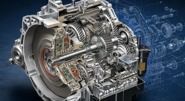 Przekrój skrzyni biegów z widocznymi trybami i elementami hydraulicznymi. To serce technologii powershift, zapewniające płynną zmianę przełożeń.