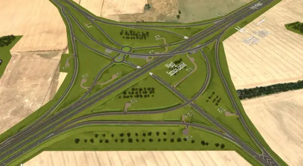 Węzeł Szczecin Zachód na autostradzie A6, z wielopoziomowymi skrzyżowaniami i rondem.