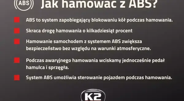 Jak hamować z ABS? System zapobiega blokowaniu kół, skraca drogę hamowania i zwiększa bezpieczeństwo. W awaryjnym hamowaniu wciskaj pedał hamulca i sprzęgła.