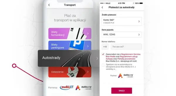 Aplikacja bankowa Millennium umożliwia płatności za autostrady przez Autopay. Możesz dodać dane pojazdu i numer telefonu.