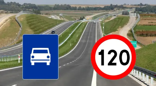 Droga ekspresowa z ograniczeniem prędkości do 120 km/h. Znak informuje o dopuszczalnej prędkości dla samochodów.