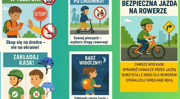 Bezpieczna jazda na rowerze: nie patrz w telefon, zakładaj kask, bądź widoczny. Szanuj pieszych, wybierz drogę rowerową.