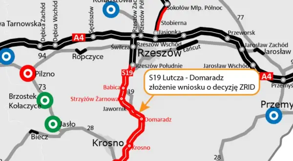 Mapa drogowa z zaznaczoną drogą ekspresową S19, pokazującą postęp prac na odcinku Lutcza - Domaradz.