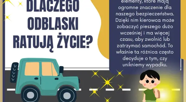 Odblaski ratują życie! Dziecko z plecakiem stoi przy drodze, a samochód widzi je dzięki odblaskom.