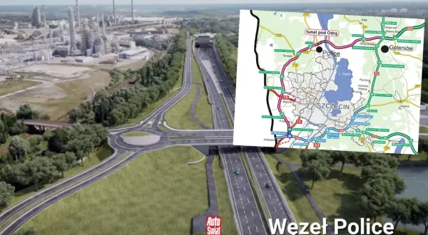 Węzeł Police na zachodniej obwodnicy Szczecina, z widokiem na tunel pod Odrą i przemysłową zabudowę.