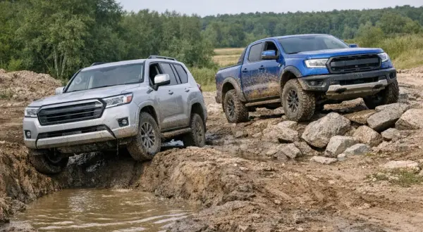 Srebrny SUV i niebieski pickup, dwa potężne samochody terenowe, pokonują błotniste przeszkody i kamienisty teren.