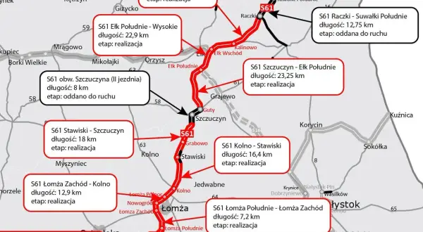 Mapa drogowa Via Baltica z zaznaczonymi odcinkami S61, ich długością i statusem realizacji.