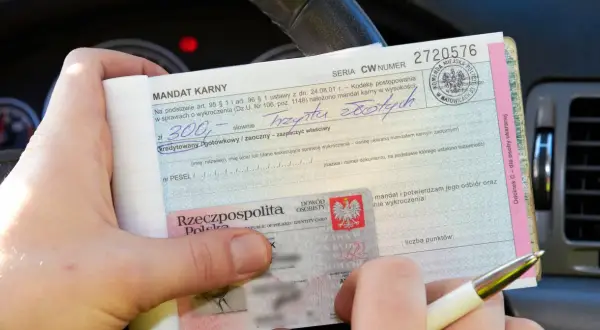 Ręka trzyma mandat karny na 300 zł, obok dowód osobisty.