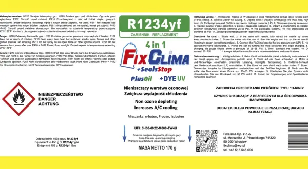 Czynnik klimatyzacji R1234yf Fix Clima 4w1, zapobiega przeciekom, zwiększa wydajność.