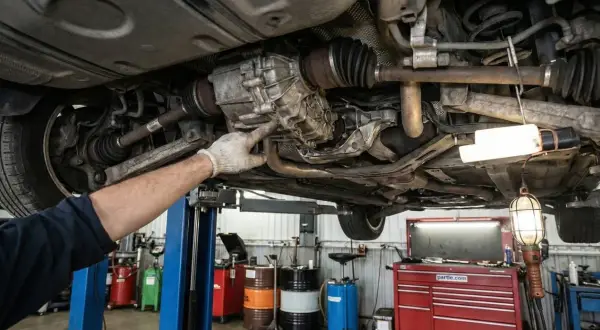 Mechanik wskazuje na skrzynię biegów w samochodzie z napędem **rwd**. Podniesiony pojazd w warsztacie.