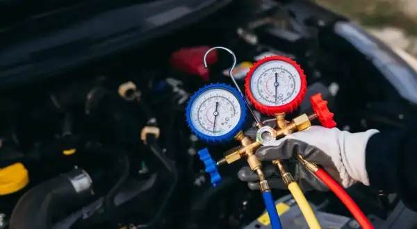 Serwis klimatyzacji samochodowej cennik: mechanik z manometrami sprawdza układ chłodzenia auta.