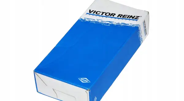 Niebiesko-białe pudełko z logo VICTOR REINZ. Idealne do przechowywania części samochodowych.