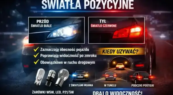 Białe światła z przodu i czerwone z tyłu pojazdu. Używaj ich, gdy zapada zmrok, w tunelu lub podczas postoju. Dbaj o widoczność!